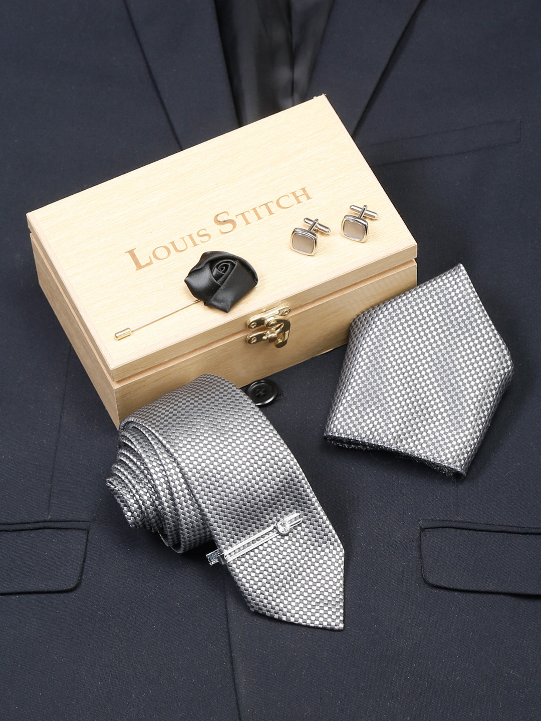 Checkered Black Luxury Italian Silk Necktie Set With Pocket Square Cufflinks Brooch Chrome Tie pin