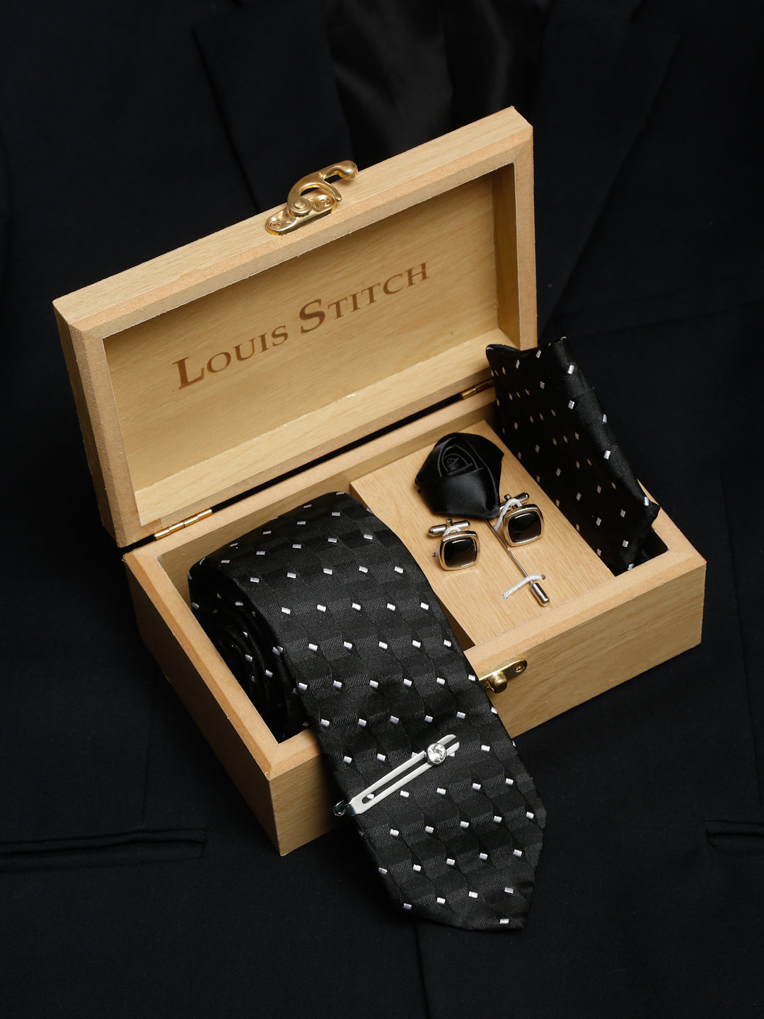  Raven Black Luxury Italian Silk Necktie Set With Pocket Square Cufflinks Brooch Chrome Tie pin