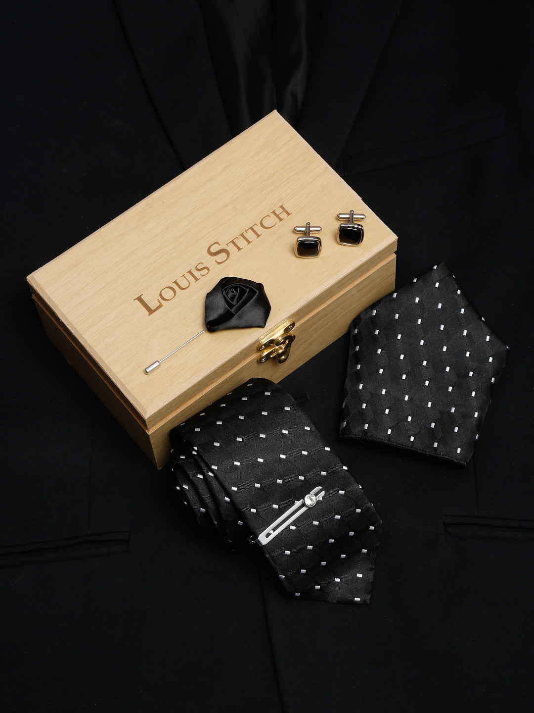 Raven Black Luxury Italian Silk Necktie Set With Pocket Square Cufflinks Brooch Chrome Tie pin