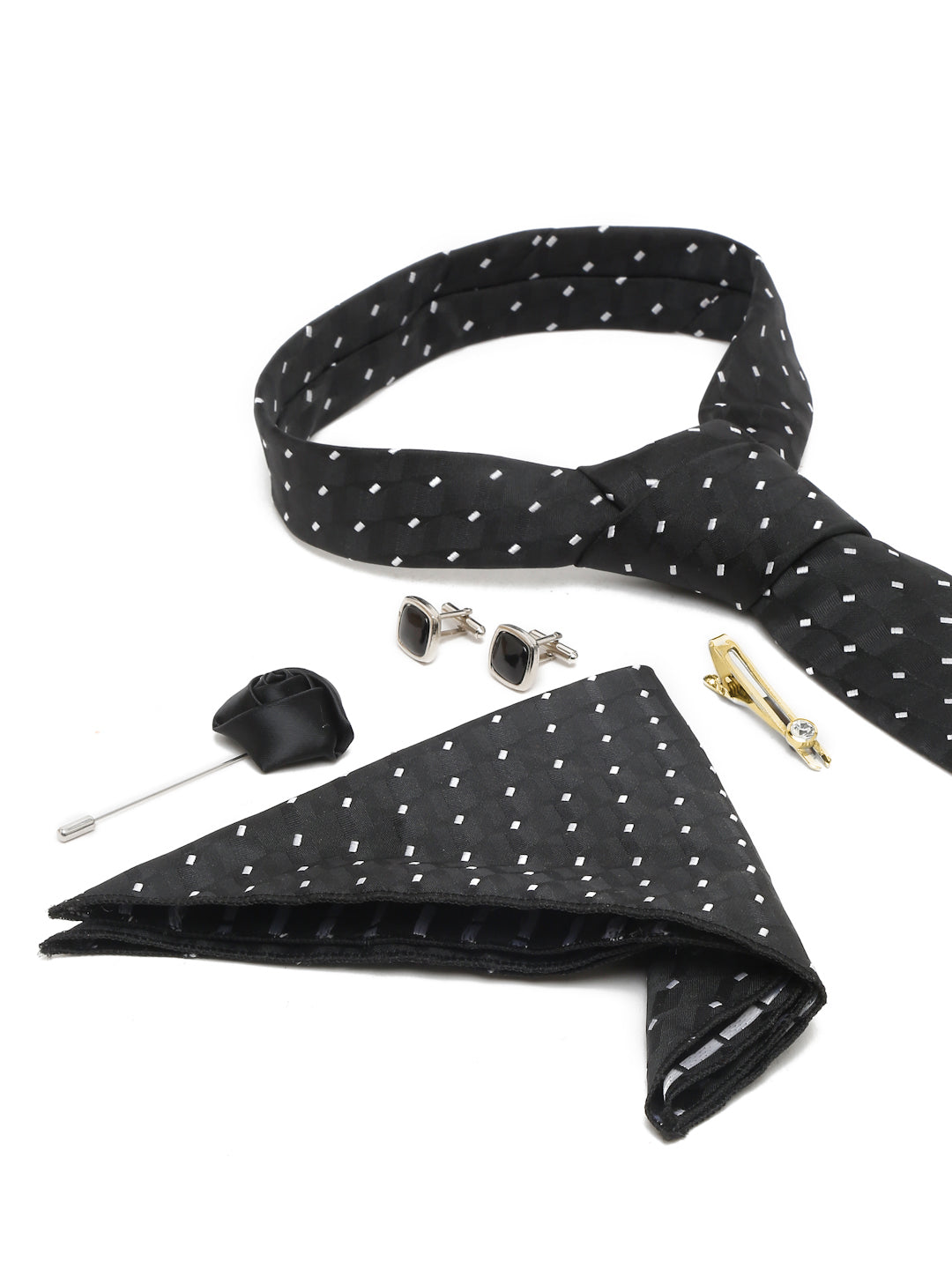 Raven Black Luxury Italian Silk Necktie Set With Pocket Square Cufflinks Brooch Gold Tie pin