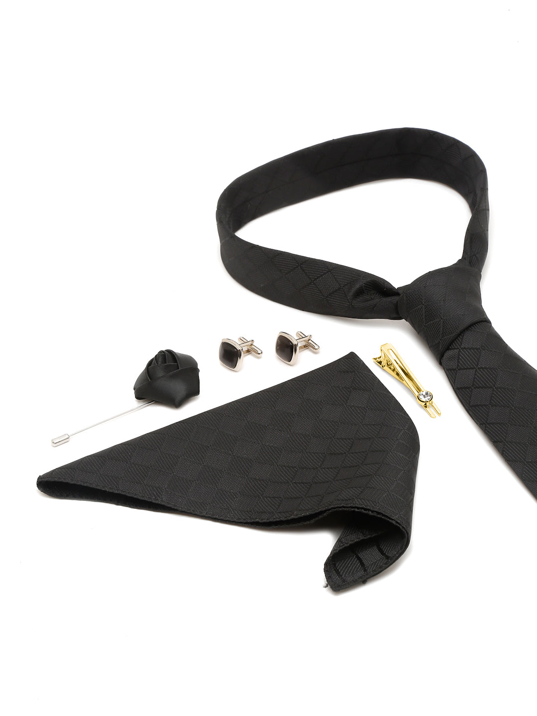 Sable Black Italian Silk Necktie Set Pocket Square Golden Tiepin cufflinks and Brooch