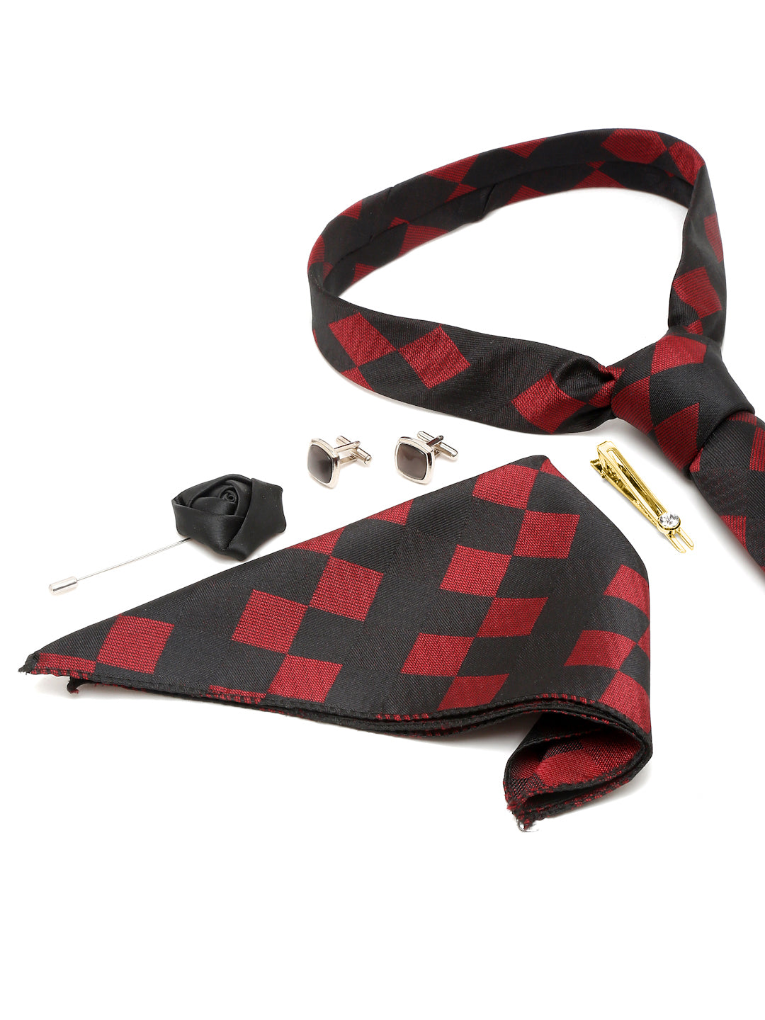 Black and Red Italian Silk Necktie Set Pocket Square Golden Tiepin cufflinks and Brooch