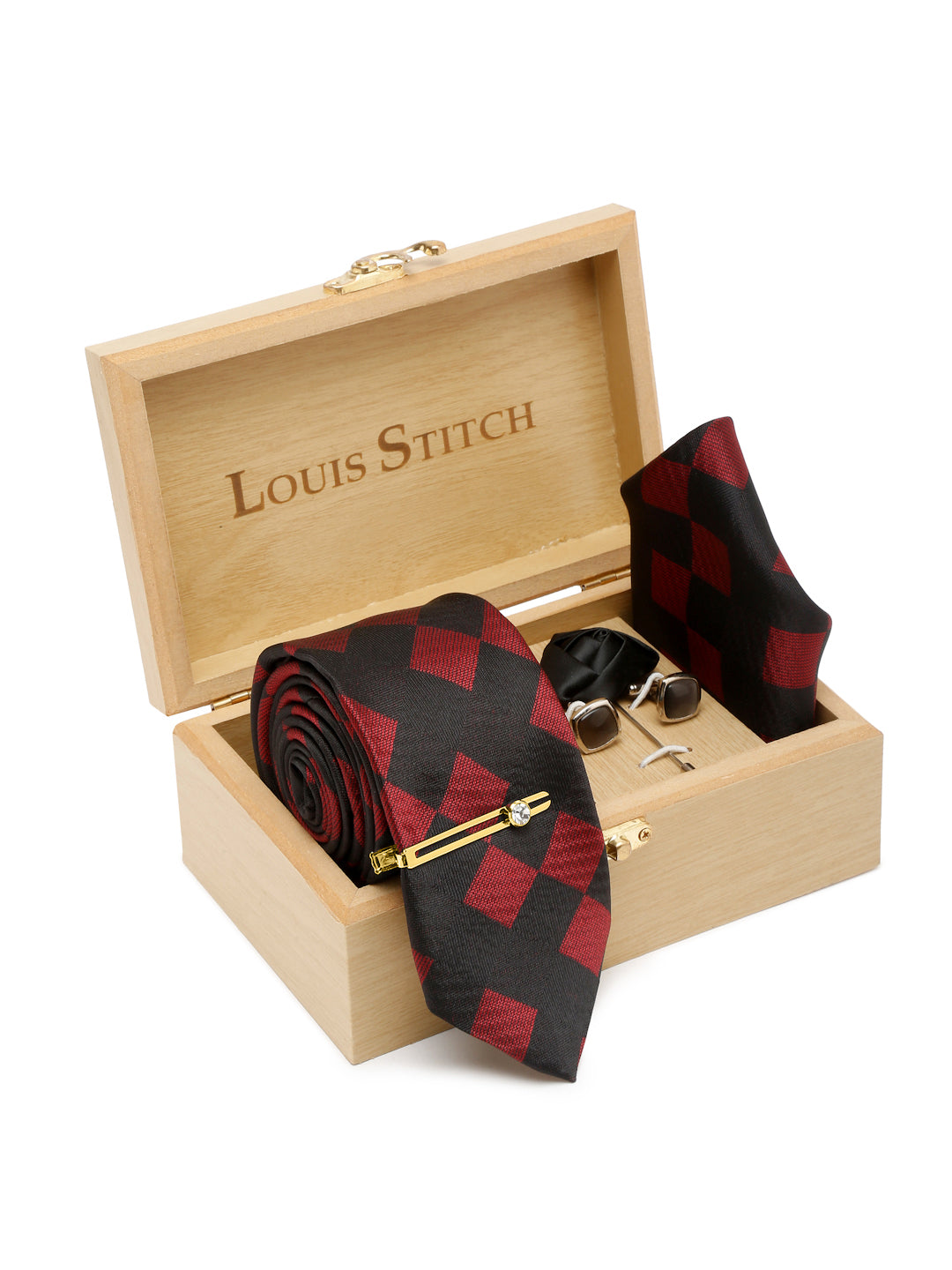 Black and Red Italian Silk Necktie Set Pocket Square Golden Tiepin cufflinks and Brooch