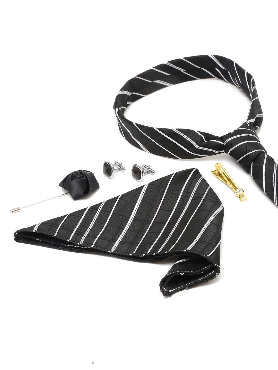 Checkered Black and White Italian Silk Necktie Set Pocket Square Golden Tiepin cufflinks and Brooch