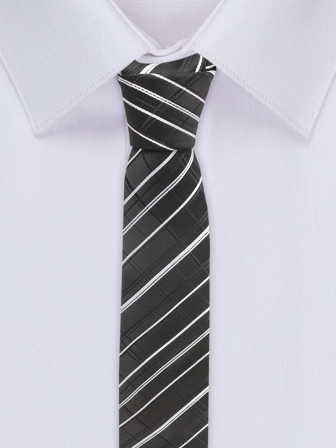 Checkered Black and White Italian Silk Necktie Set Pocket Square Golden Tiepin cufflinks and Brooch