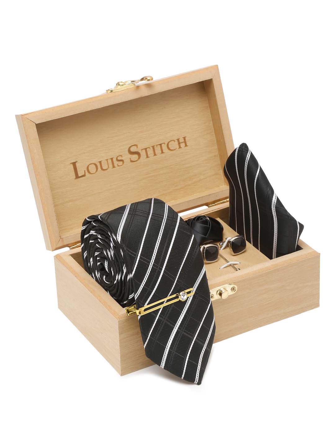 Checkered Black and White Italian Silk Necktie Set Pocket Square Golden Tiepin cufflinks and Brooch