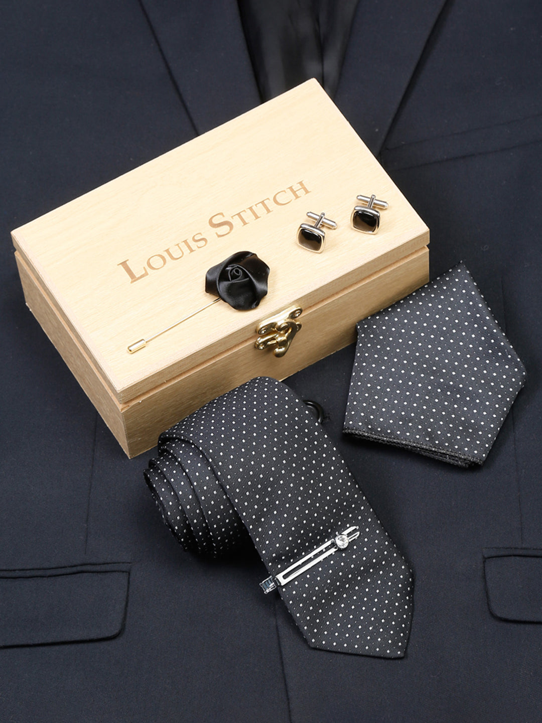 Polka Black Luxury Italian Silk Necktie Set With Pocket Square Cufflinks Brooch Chrome Tie pin