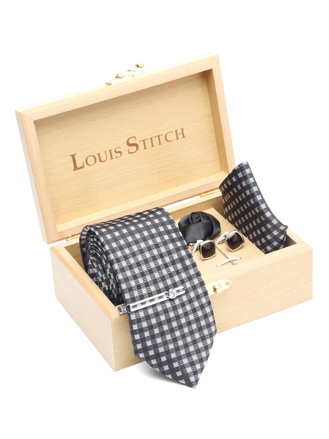 Checkerd Black Luxury Italian Silk Necktie Set With Pocket Square Cufflinks Brooch Chrome Tie pin