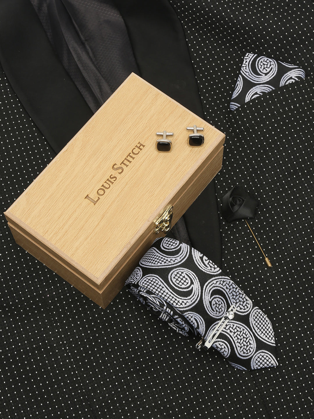 Midnight Black Luxury Italian Silk Necktie Set With Pocket Square Cufflinks Brooch Chrome Tie pin