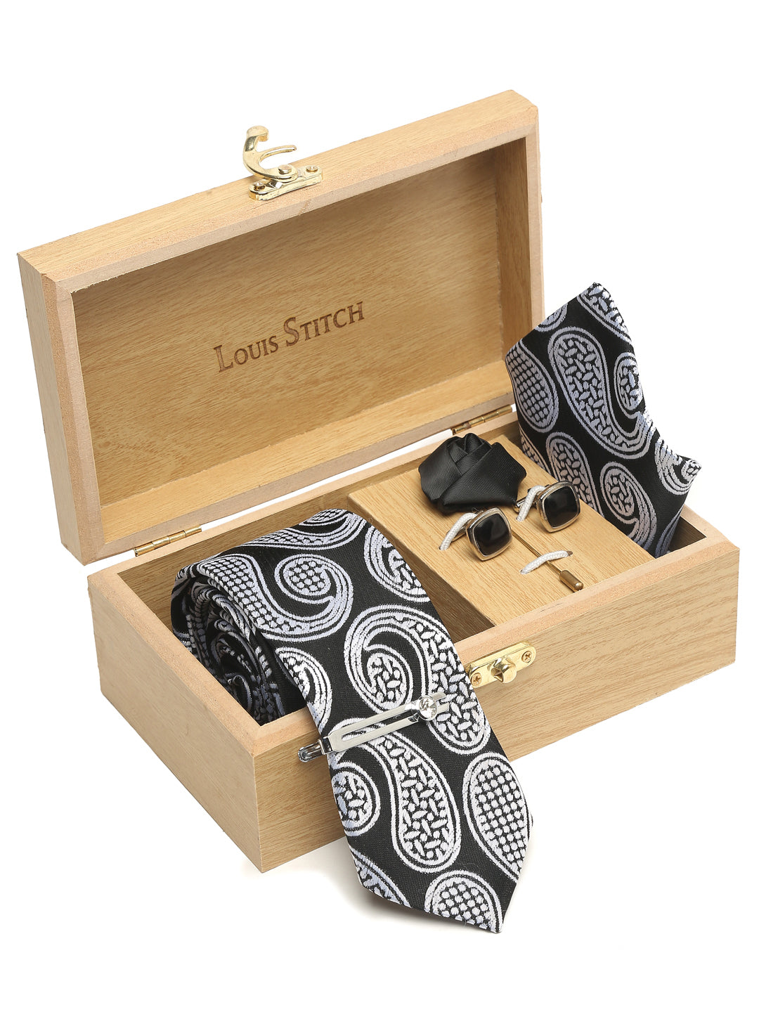 Midnight Black Luxury Italian Silk Necktie Set With Pocket Square Cufflinks Brooch Chrome Tie pin