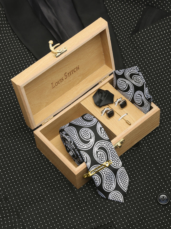  Midnight Black Luxury Italian Silk Necktie Set With Pocket Square Cufflinks Brooch Gold Tie pin