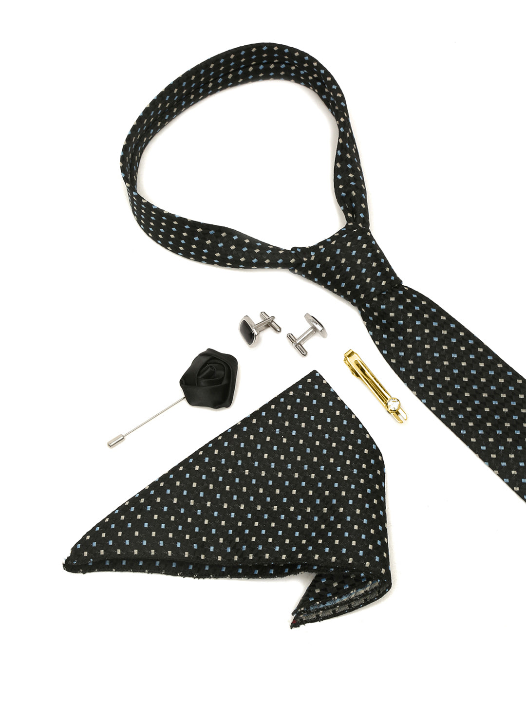 Polkia Dotted Black Luxury Italian Silk Necktie Set With Pocket Square Cufflinks Brooch Gold Tie pin