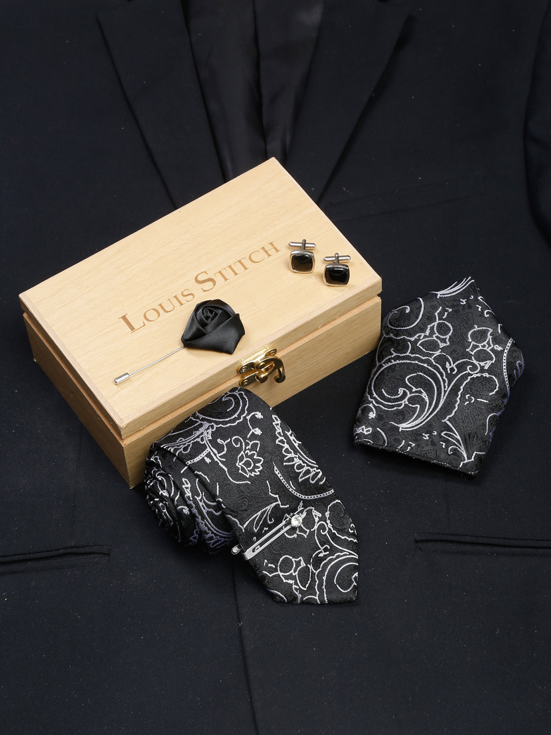 Onyx Black Luxury Italian Silk Necktie Set With Pocket Square Cufflinks Brooch Chrome Tie pin