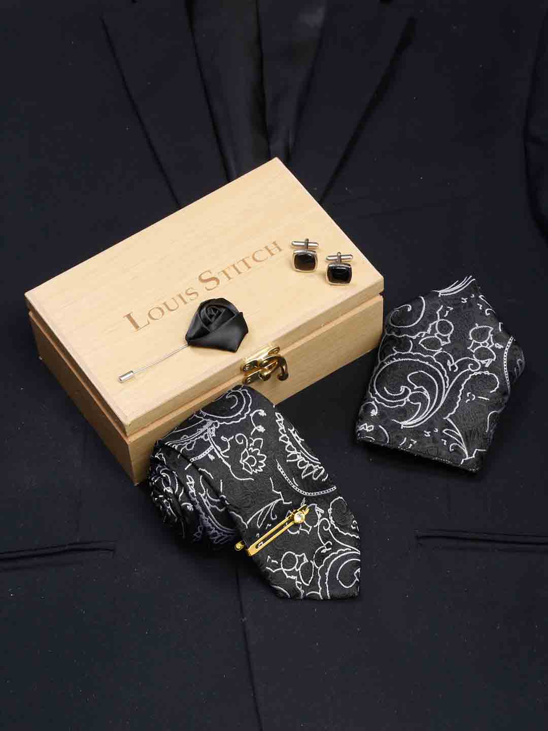 Onyx Black Luxury Italian Silk Necktie Set With Pocket Square Cufflinks Brooch Gold Tie pin