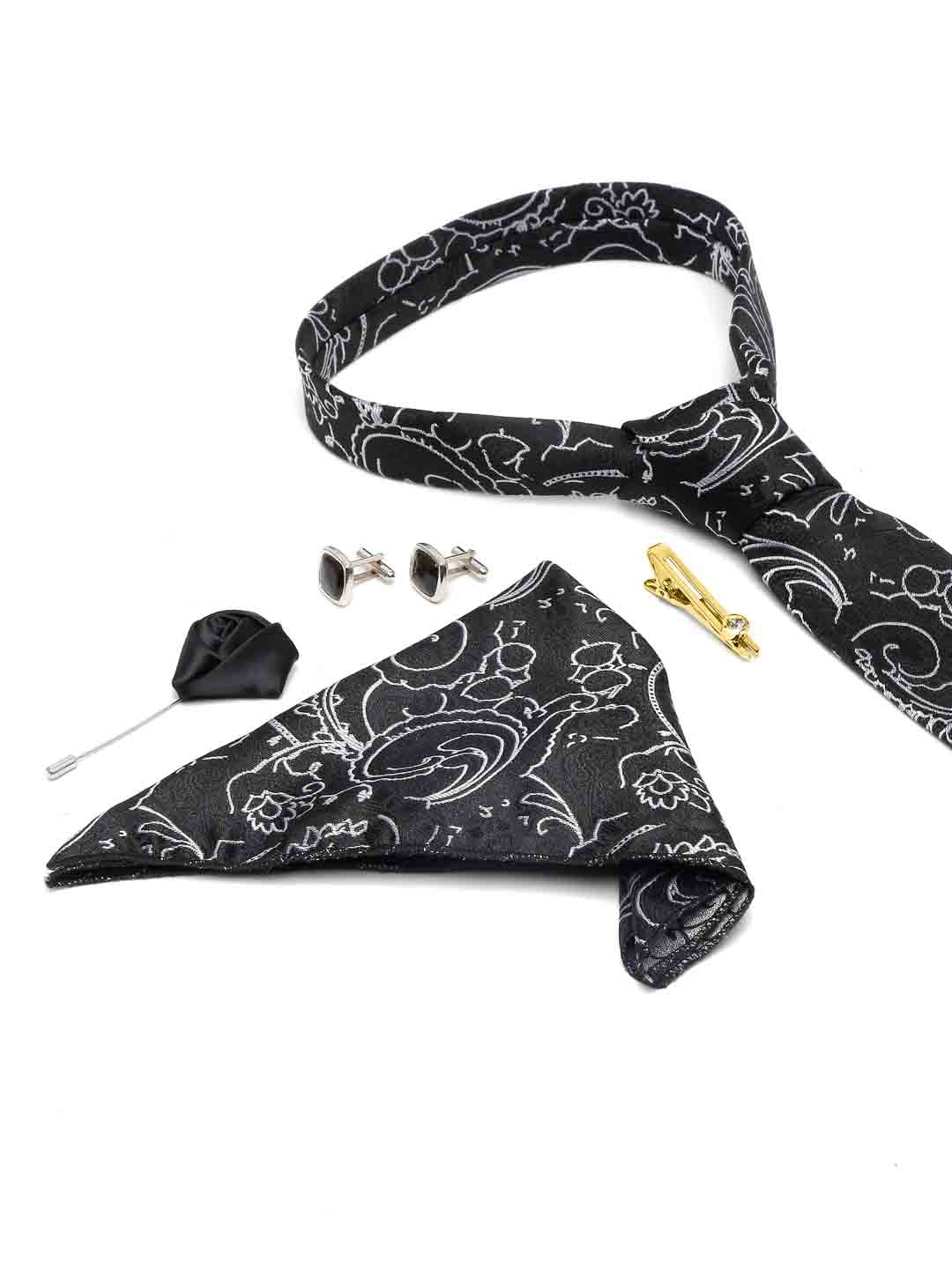 Onyx Black Luxury Italian Silk Necktie Set With Pocket Square Cufflinks Brooch Gold Tie pin