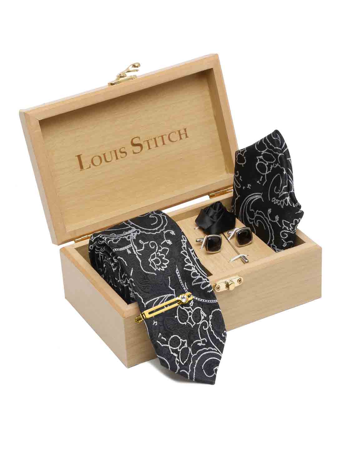 Onyx Black Luxury Italian Silk Necktie Set With Pocket Square Cufflinks Brooch Gold Tie pin