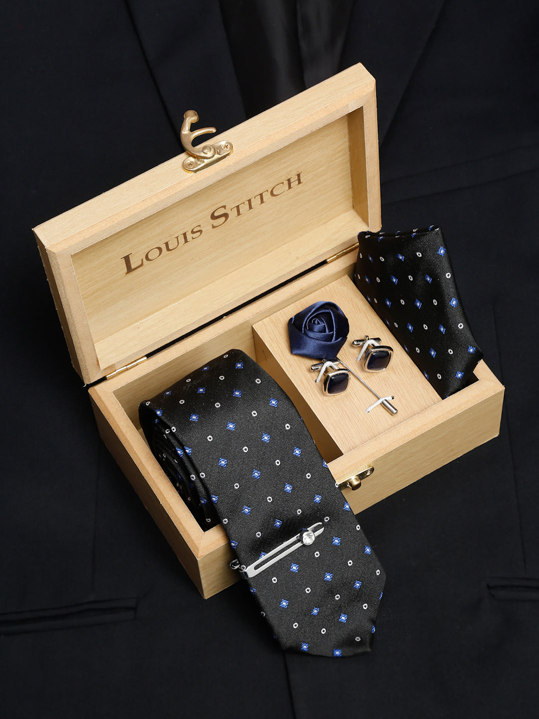  Metal Black Luxury Italian Silk Necktie Set With Pocket Square Cufflinks Brooch Chrome Tie pin