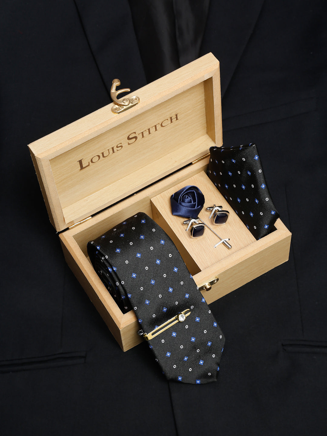  Metal Black Luxury Italian Silk Necktie Set With Pocket Square Cufflinks Brooch Gold Tie pin