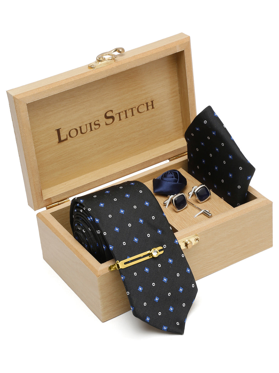 Metal Black Luxury Italian Silk Necktie Set With Pocket Square Cufflinks Brooch Gold Tie pin