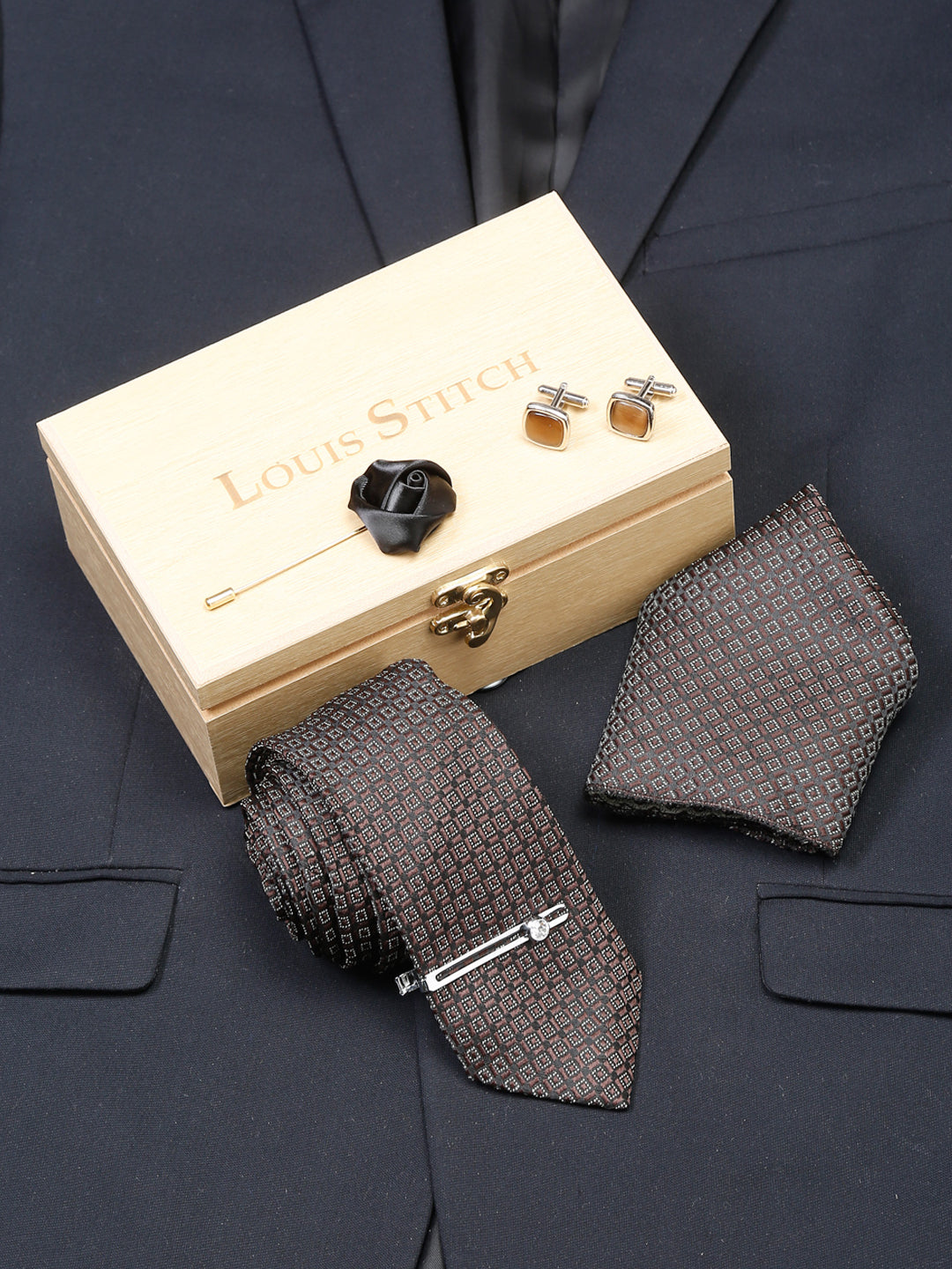 Chocolate Brown Luxury Italian Silk Necktie Set With Pocket Square Cufflinks Brooch Chrome Tie pin