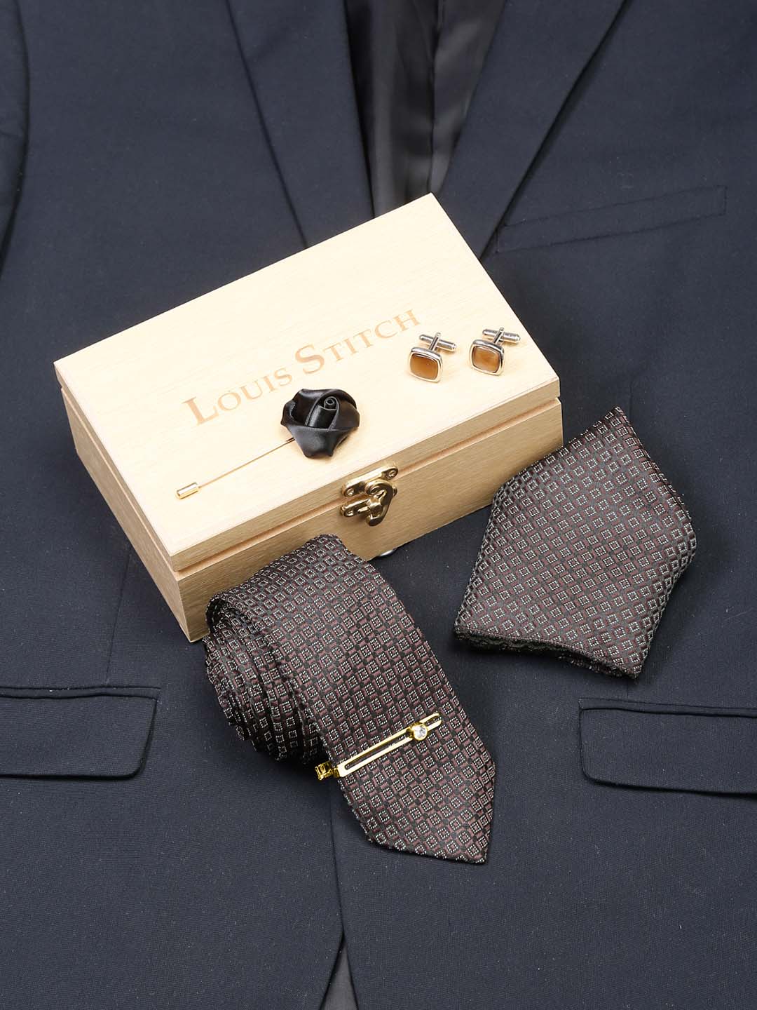 Chocolate Brown Luxury Italian Silk Necktie Set With Pocket Square Cufflinks Brooch Gold Tie pin