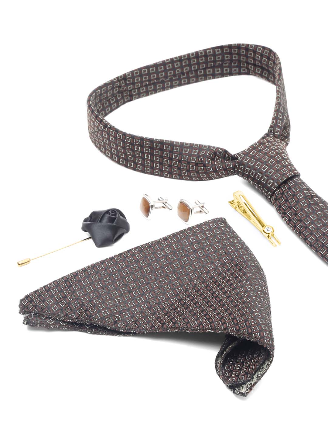 Chocolate Brown Luxury Italian Silk Necktie Set With Pocket Square Cufflinks Brooch Gold Tie pin