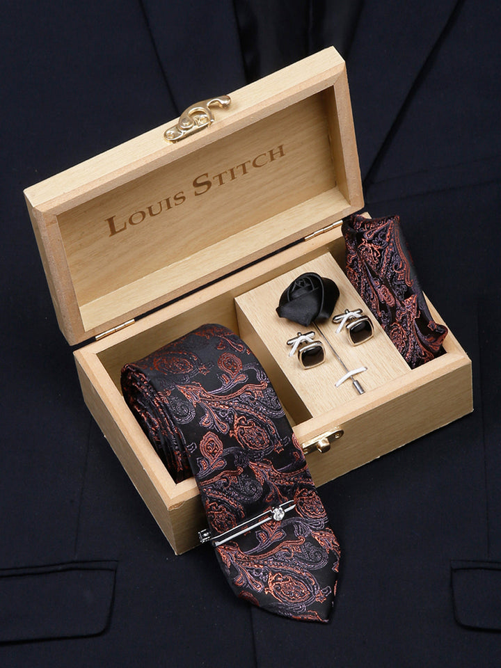  Flowral Brown Luxury Italian Silk Necktie Set With Pocket Square Cufflinks Brooch Chrome Tie pin