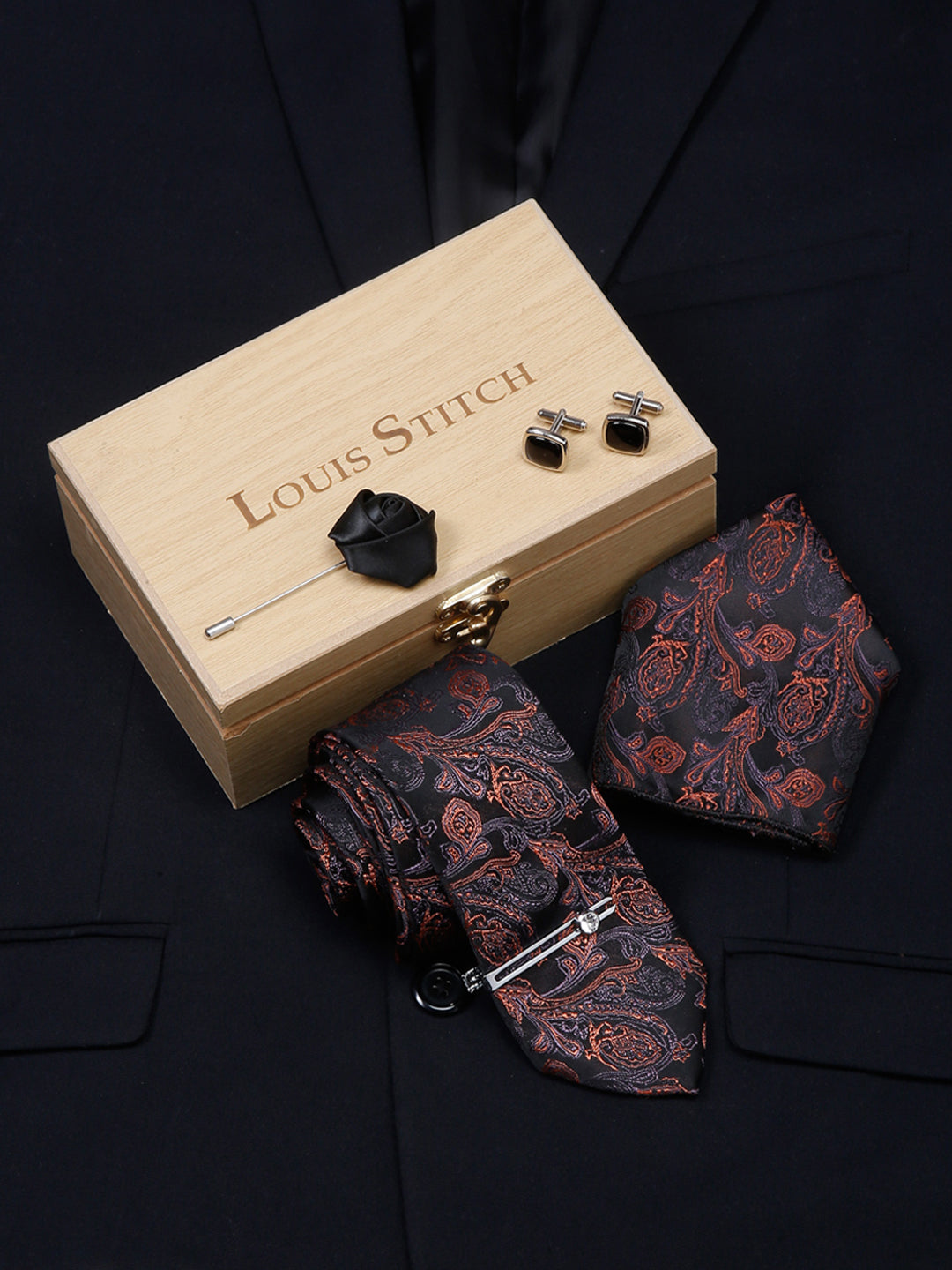 Flowral Brown Luxury Italian Silk Necktie Set With Pocket Square Cufflinks Brooch Chrome Tie pin