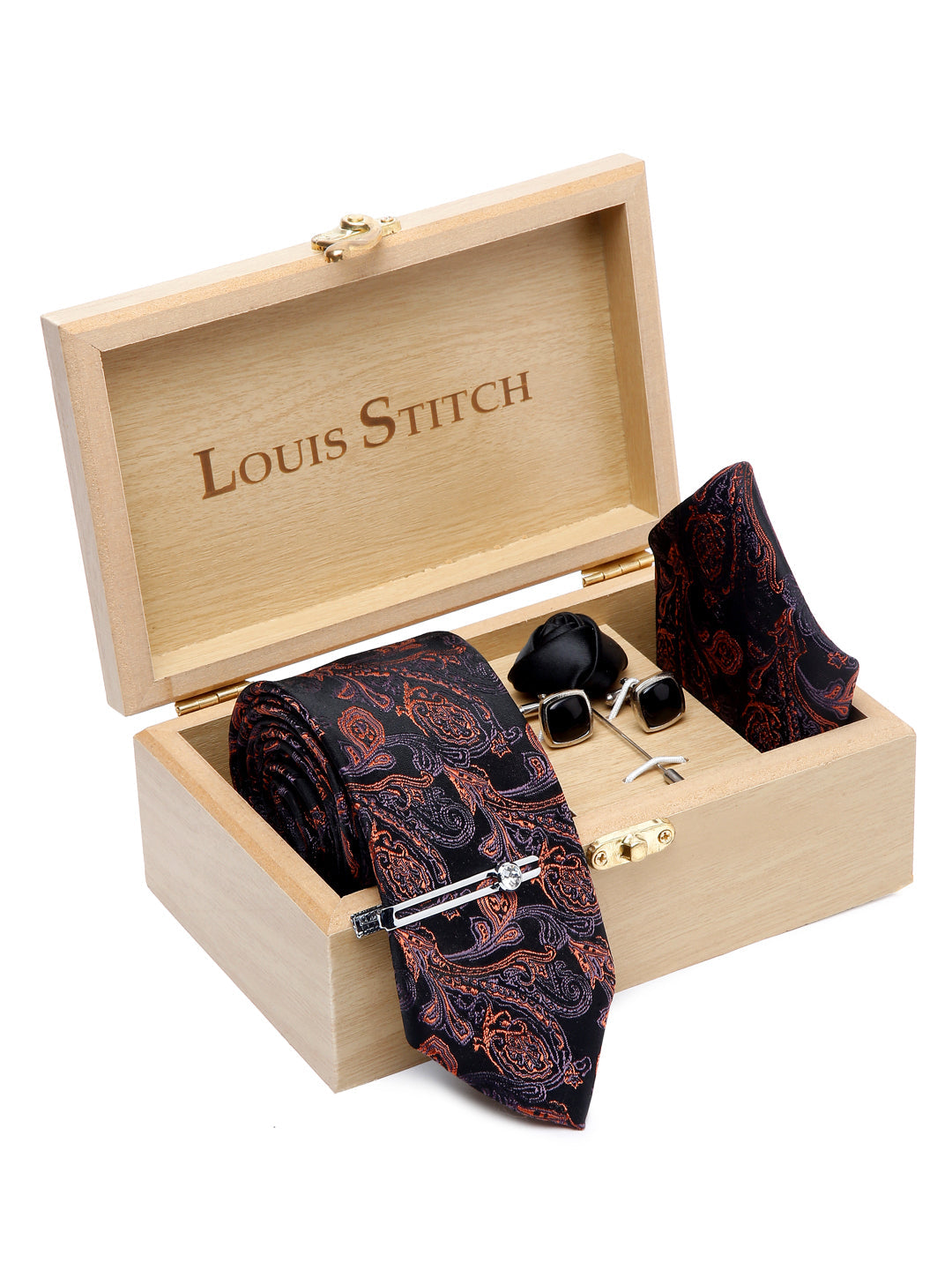 Flowral Brown Luxury Italian Silk Necktie Set With Pocket Square Cufflinks Brooch Chrome Tie pin