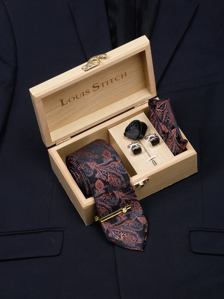  Flowral Brown Luxury Italian Silk Necktie Set With Pocket Square Cufflinks Brooch Gold Tie pin