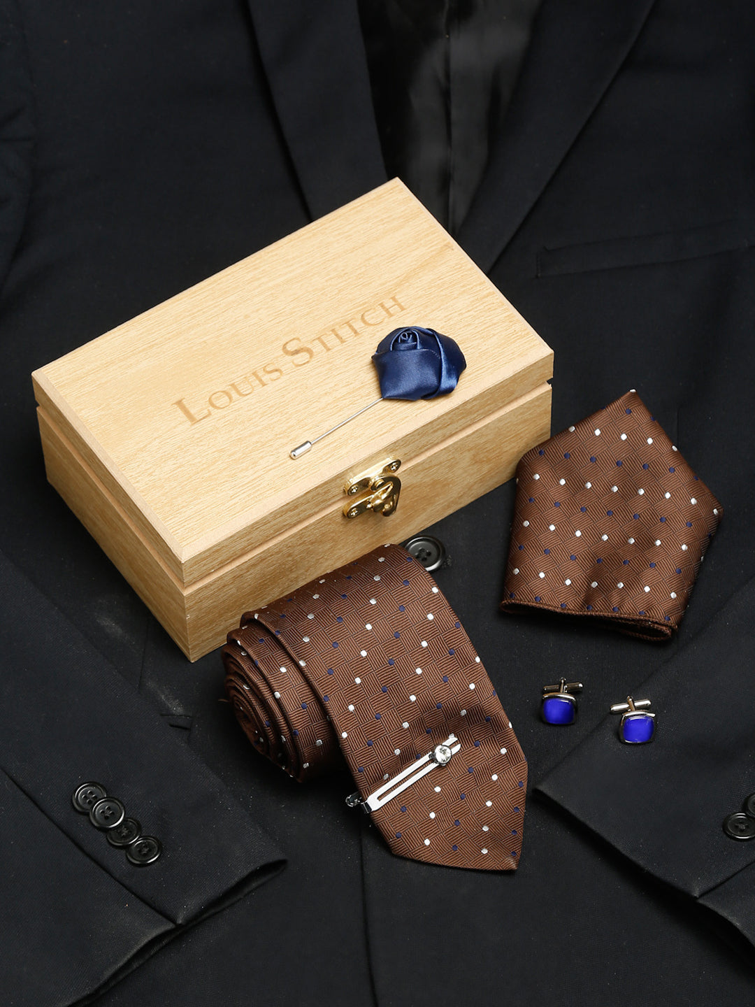 Brown polka Luxury Italian Silk Necktie Set With Pocket Square Cufflinks Brooch Chrome Tie pin