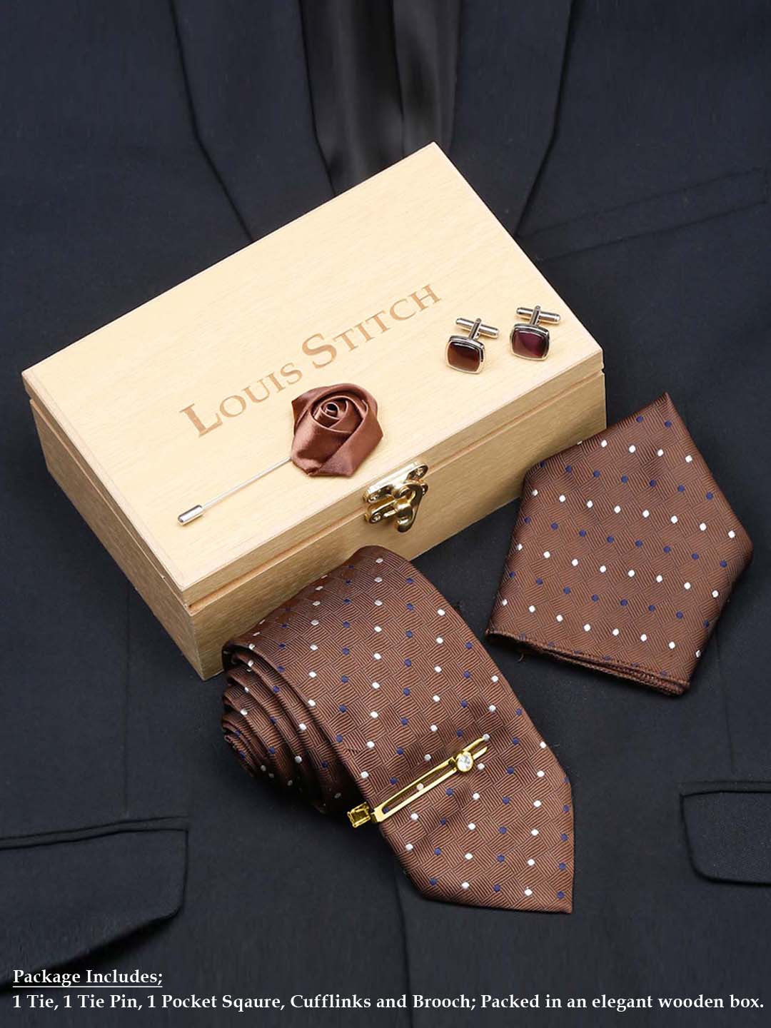 Brown polka Luxury Italian Silk Necktie Set With Pocket Square Cufflinks Brooch Gold Tie pin