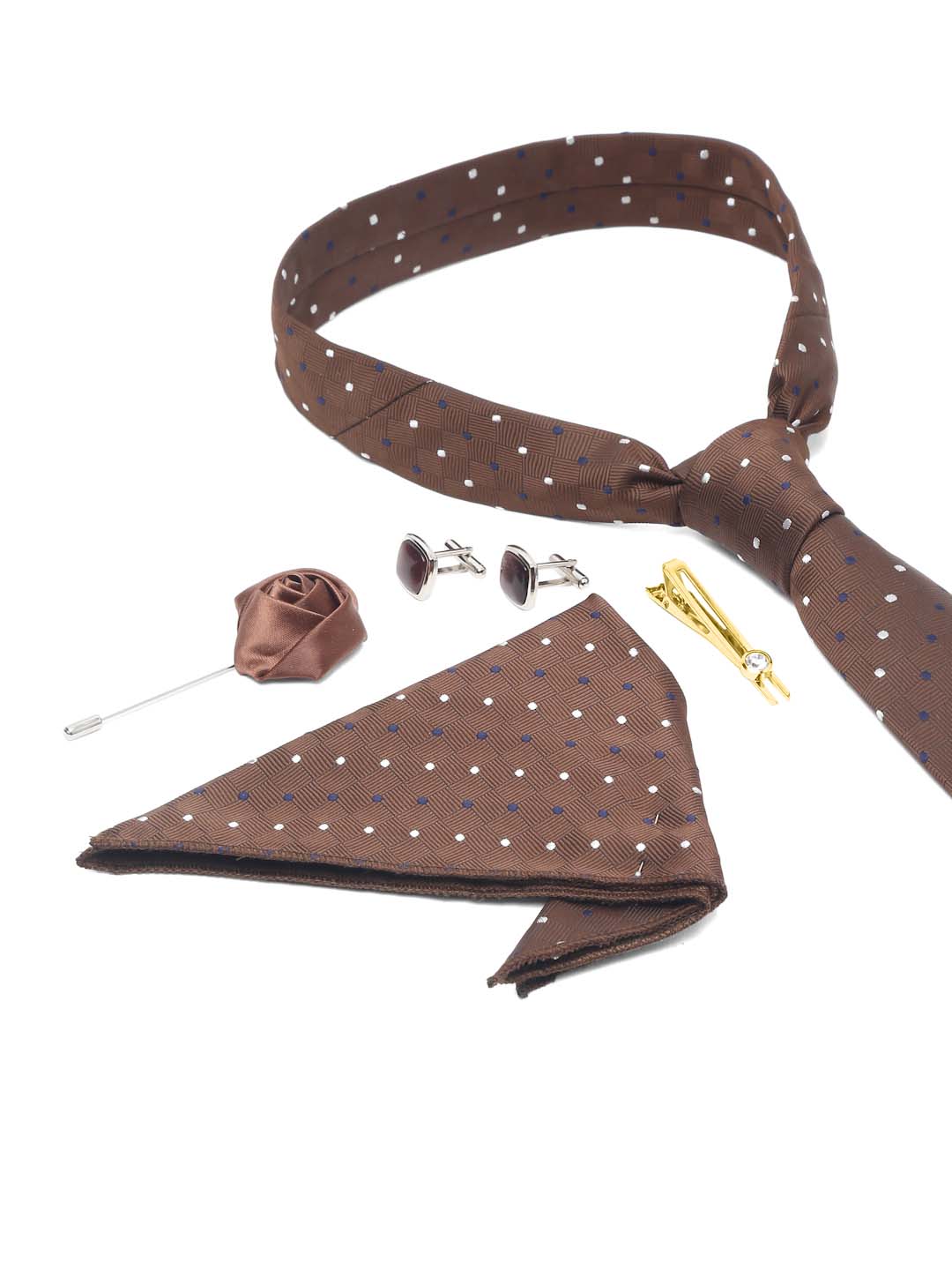 Brown polka Luxury Italian Silk Necktie Set With Pocket Square Cufflinks Brooch Gold Tie pin