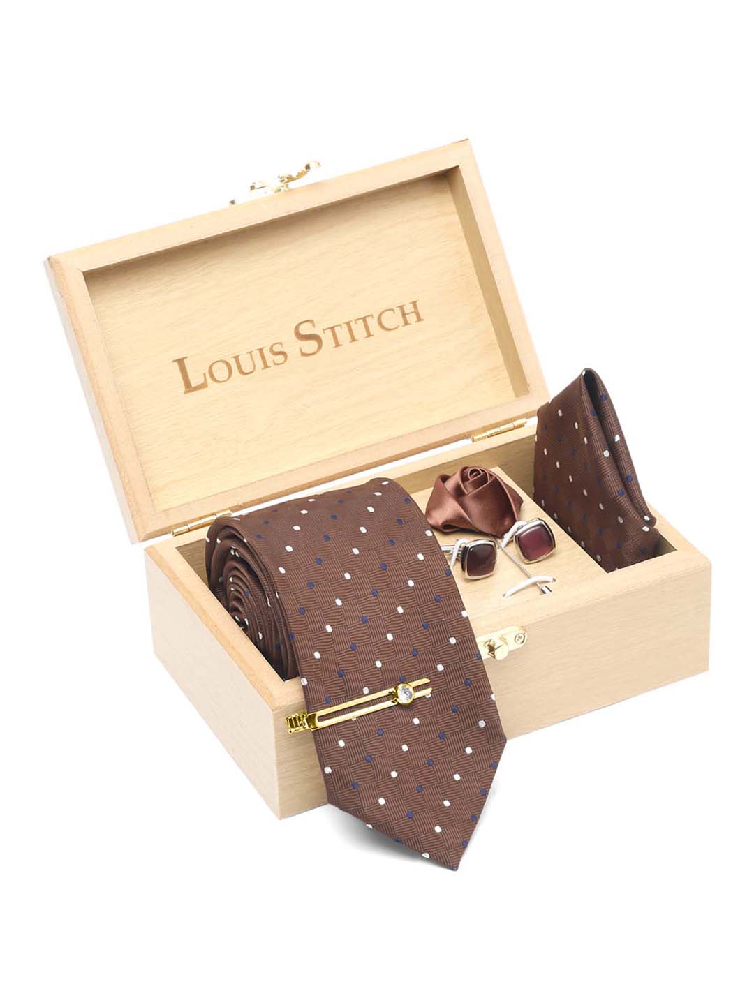 Brown polka Luxury Italian Silk Necktie Set With Pocket Square Cufflinks Brooch Gold Tie pin