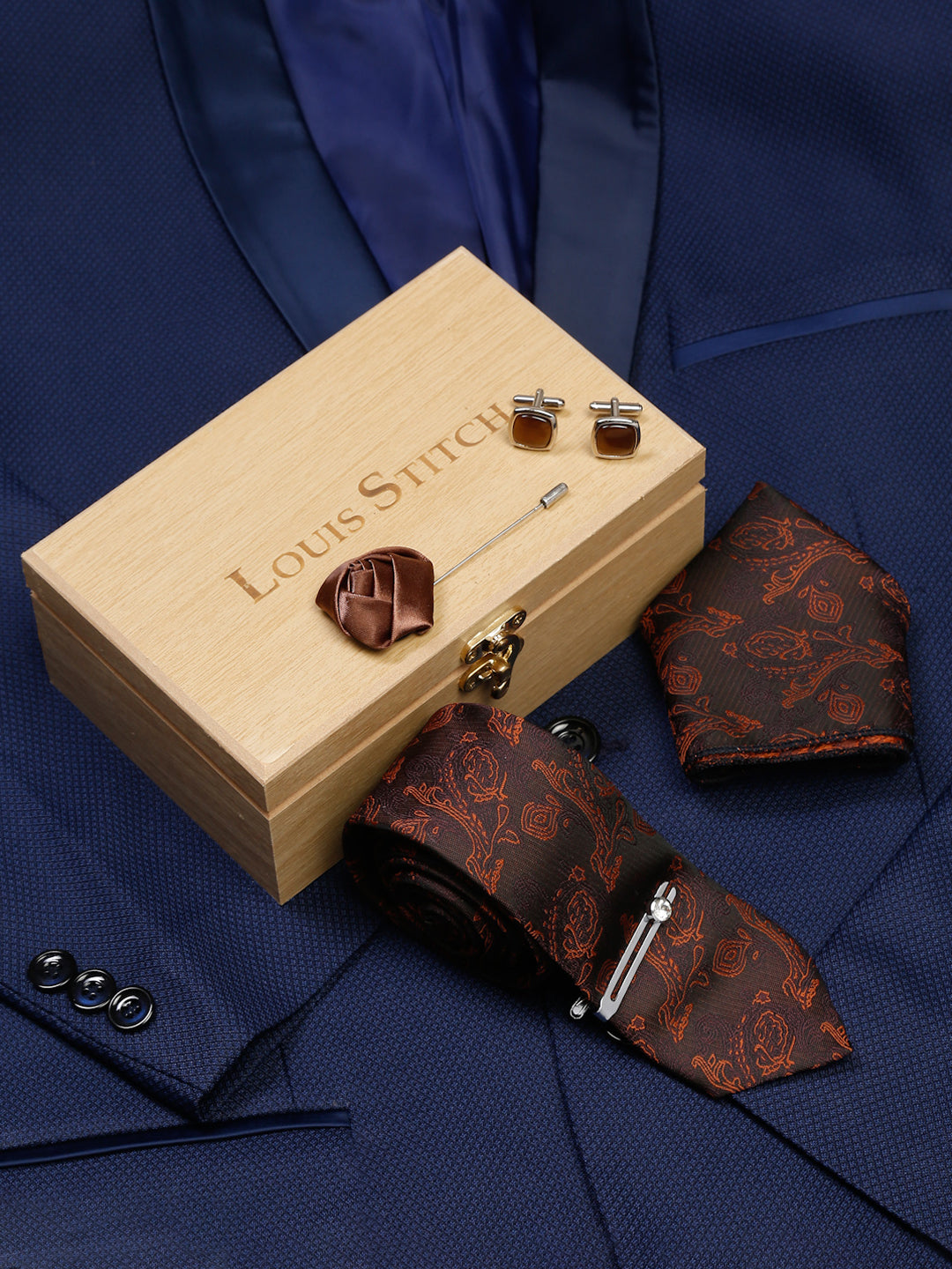 Coffee Brown Luxury Italian Silk Necktie Set With Pocket Square Cufflinks Brooch Chrome Tie pin