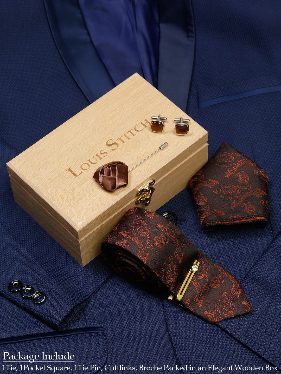 Coffee Brown Luxury Italian Silk Necktie Set With Pocket Square Cufflinks Brooch Gold Tie pin