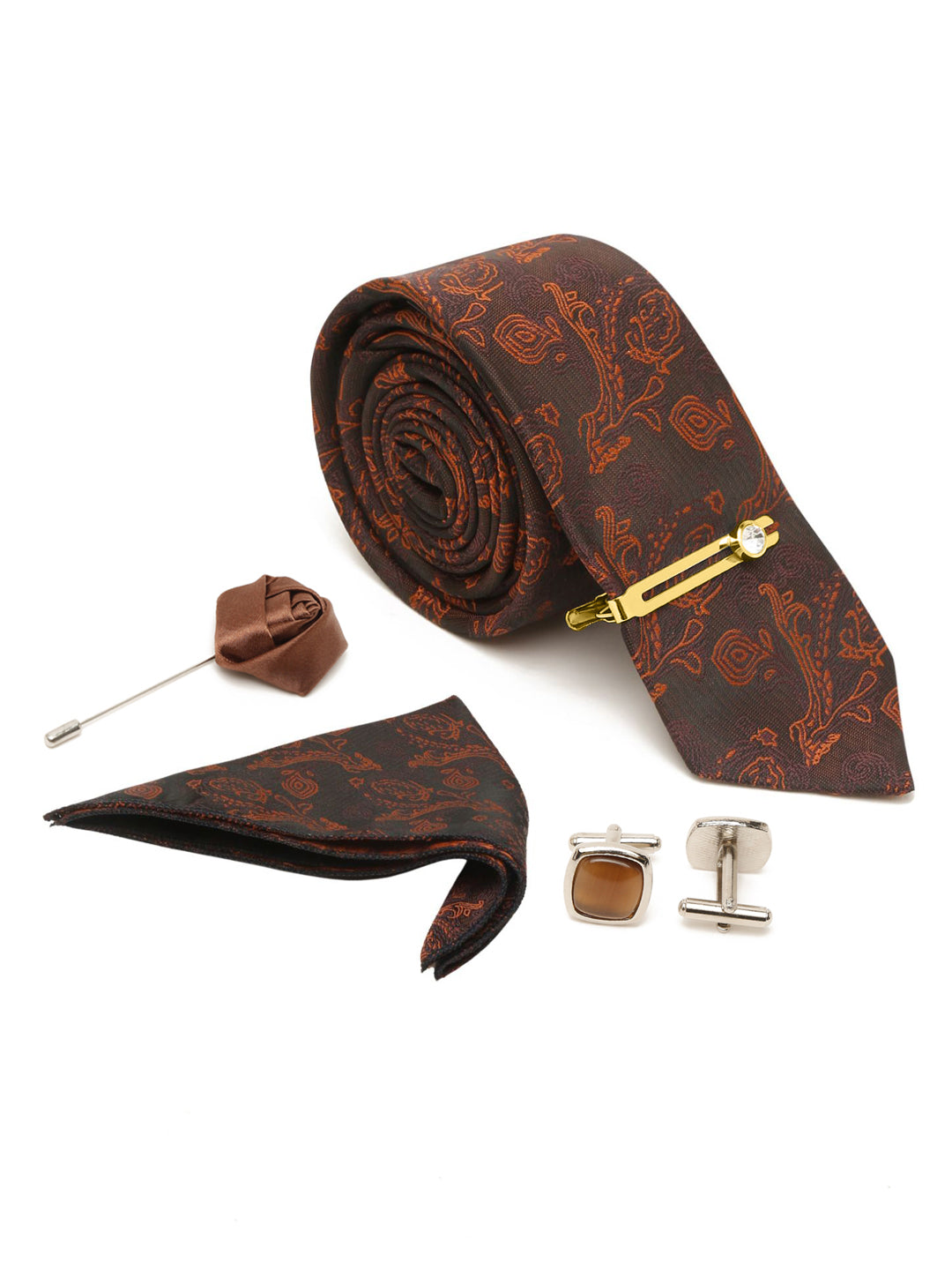 Coffee Brown Luxury Italian Silk Necktie Set With Pocket Square Cufflinks Brooch Gold Tie pin