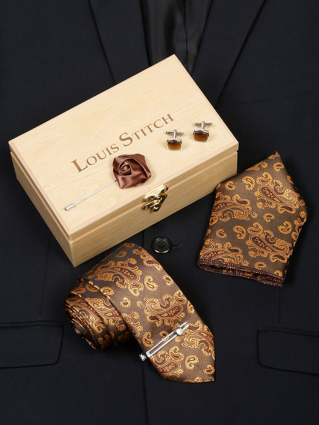 Hickory Brown Luxury Italian Silk Necktie Set With Pocket Square Cufflinks Brooch Chrome Tie pin