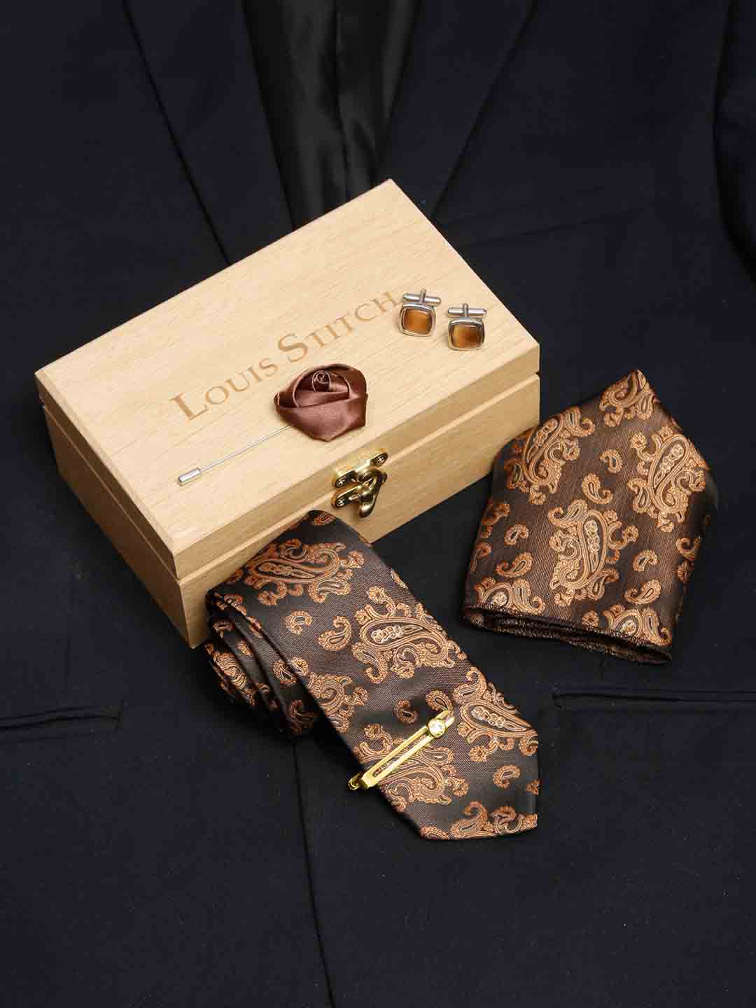 Hickory Brown Luxury Italian Silk Necktie Set With Pocket Square Cufflinks Brooch Gold Tie pin