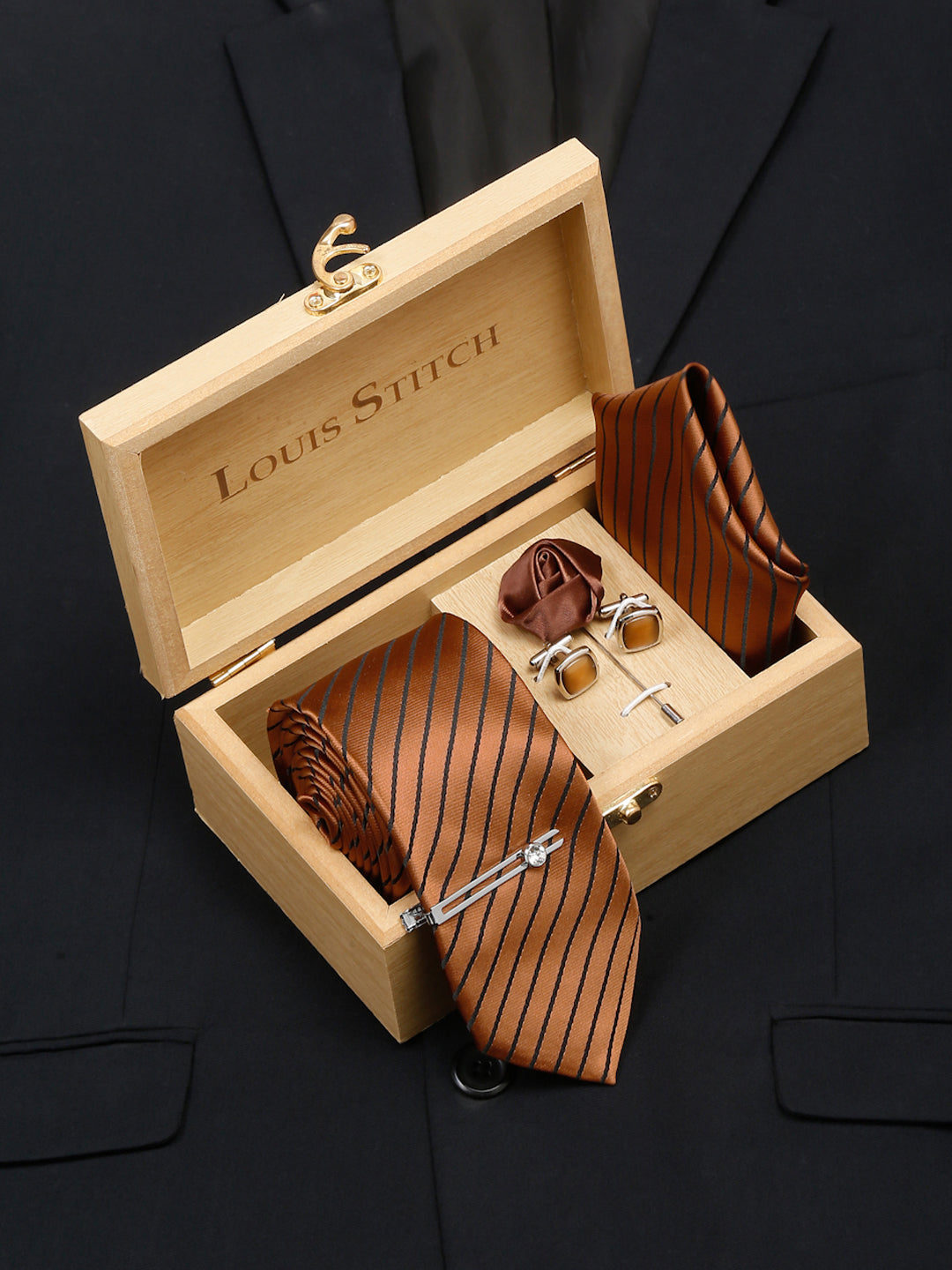 Copper Brown Italian Silk Necktie Set Pocket Square Chrome Tiepin cufflinks and Brooch