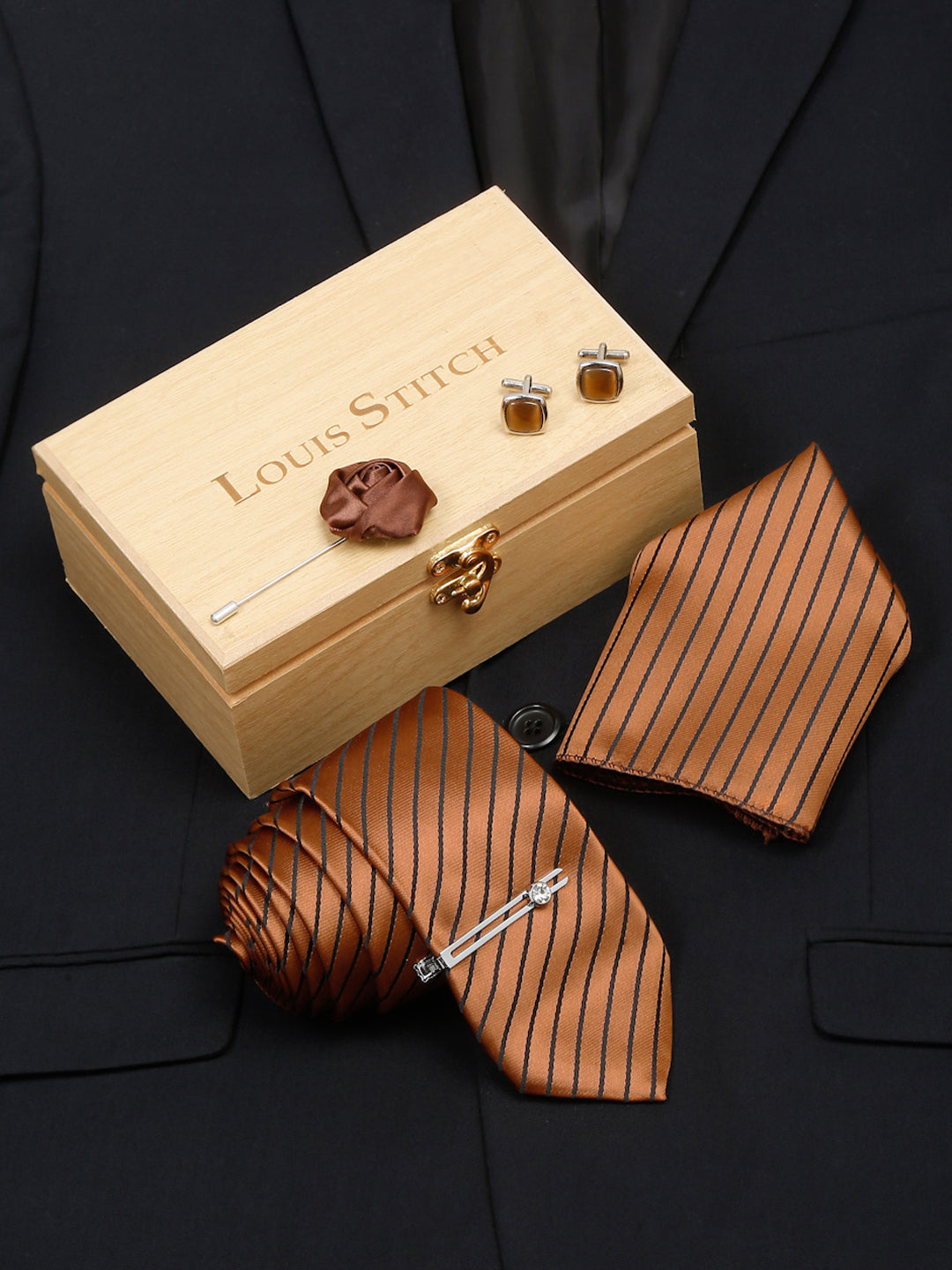 Copper Brown Italian Silk Necktie Set Pocket Square Chrome Tiepin cufflinks and Brooch