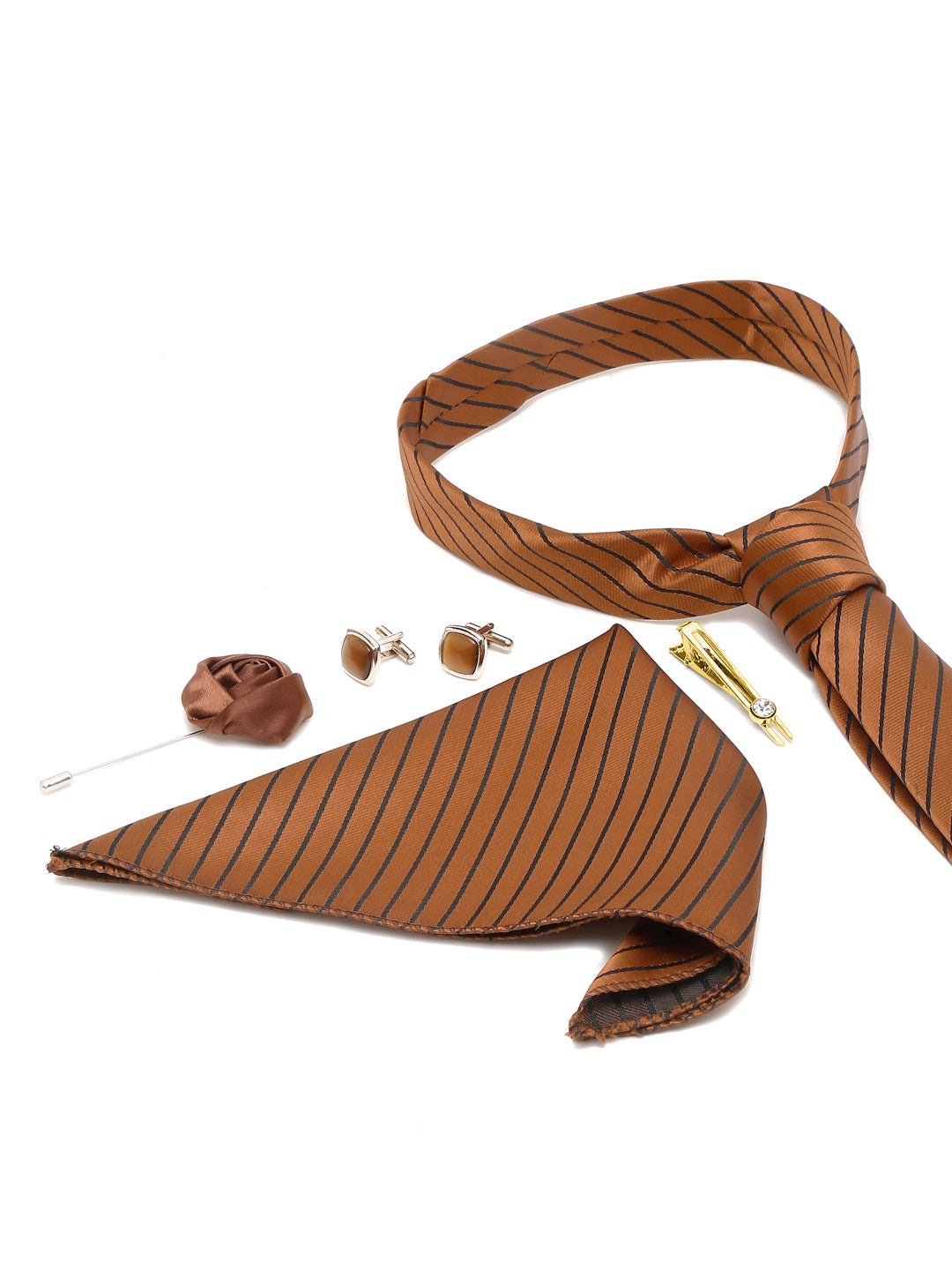 Copper Brown Italian Silk Necktie Set Pocket Square Golden Tiepin cufflinks and Brooch