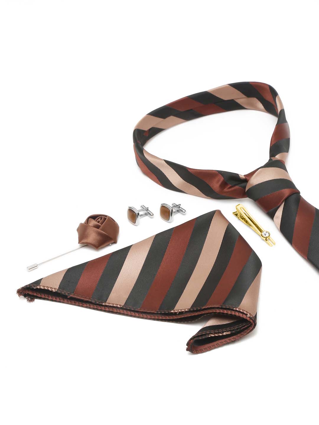 Striped Suave Beige Brown and Black Italian Silk Necktie Set Pocket Square Golden Tiepin cufflinks and Brooch