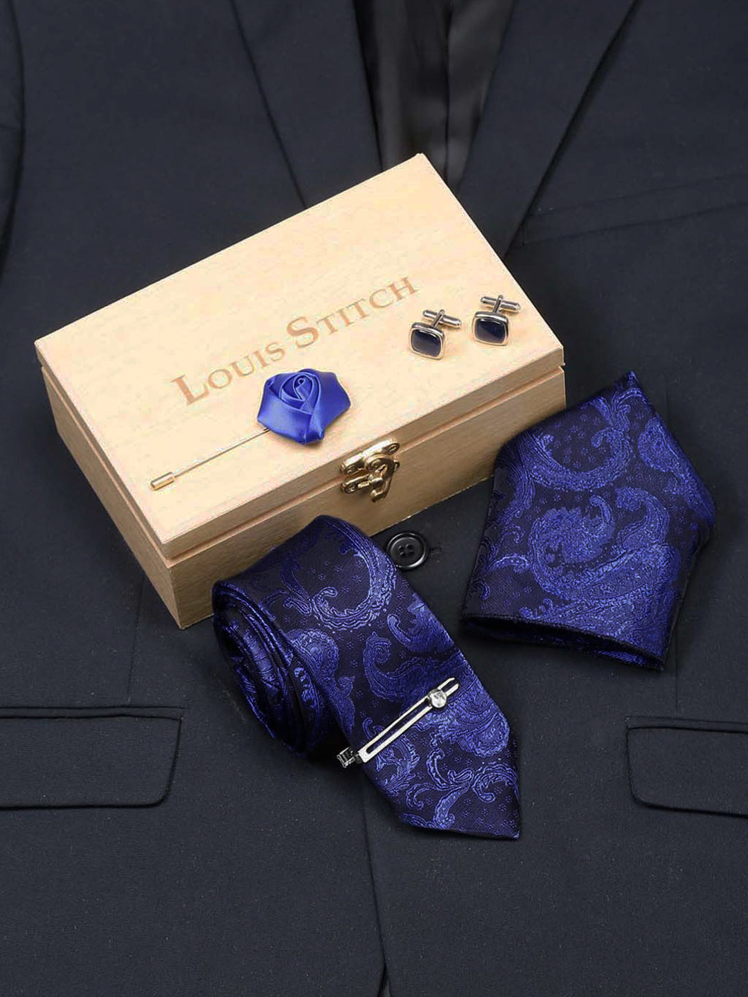 Royal Blue Luxury Italian Silk Necktie Set With Pocket Square Cufflinks Brooch Chrome Tie pin