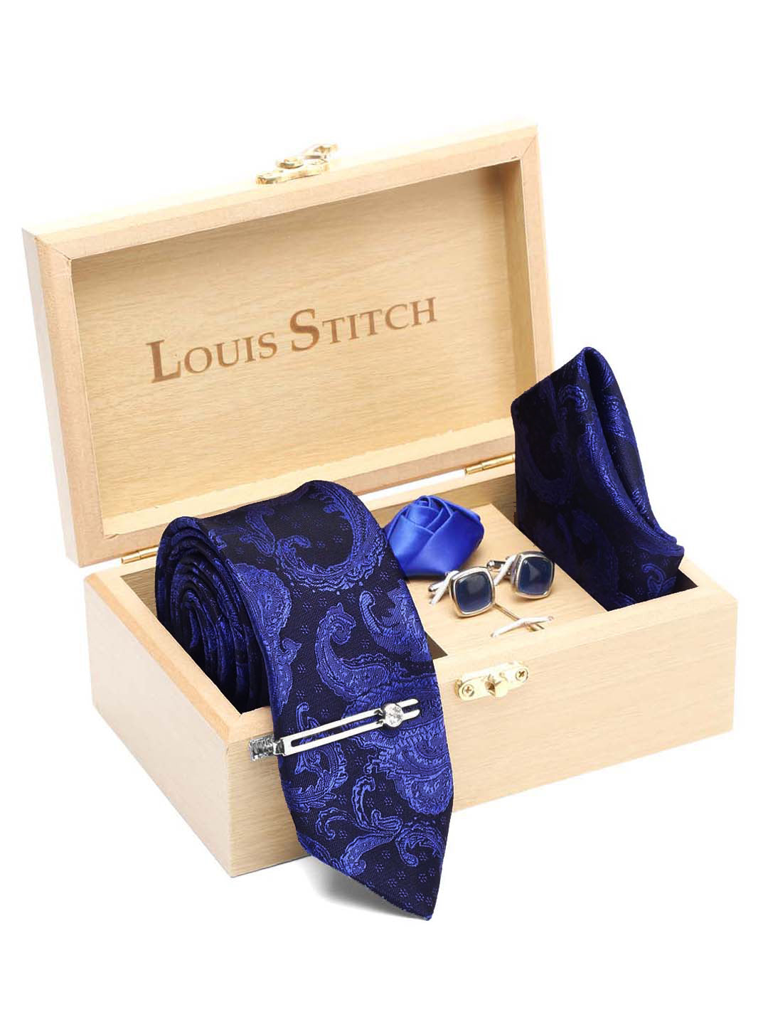 Royal Blue Luxury Italian Silk Necktie Set With Pocket Square Cufflinks Brooch Chrome Tie pin