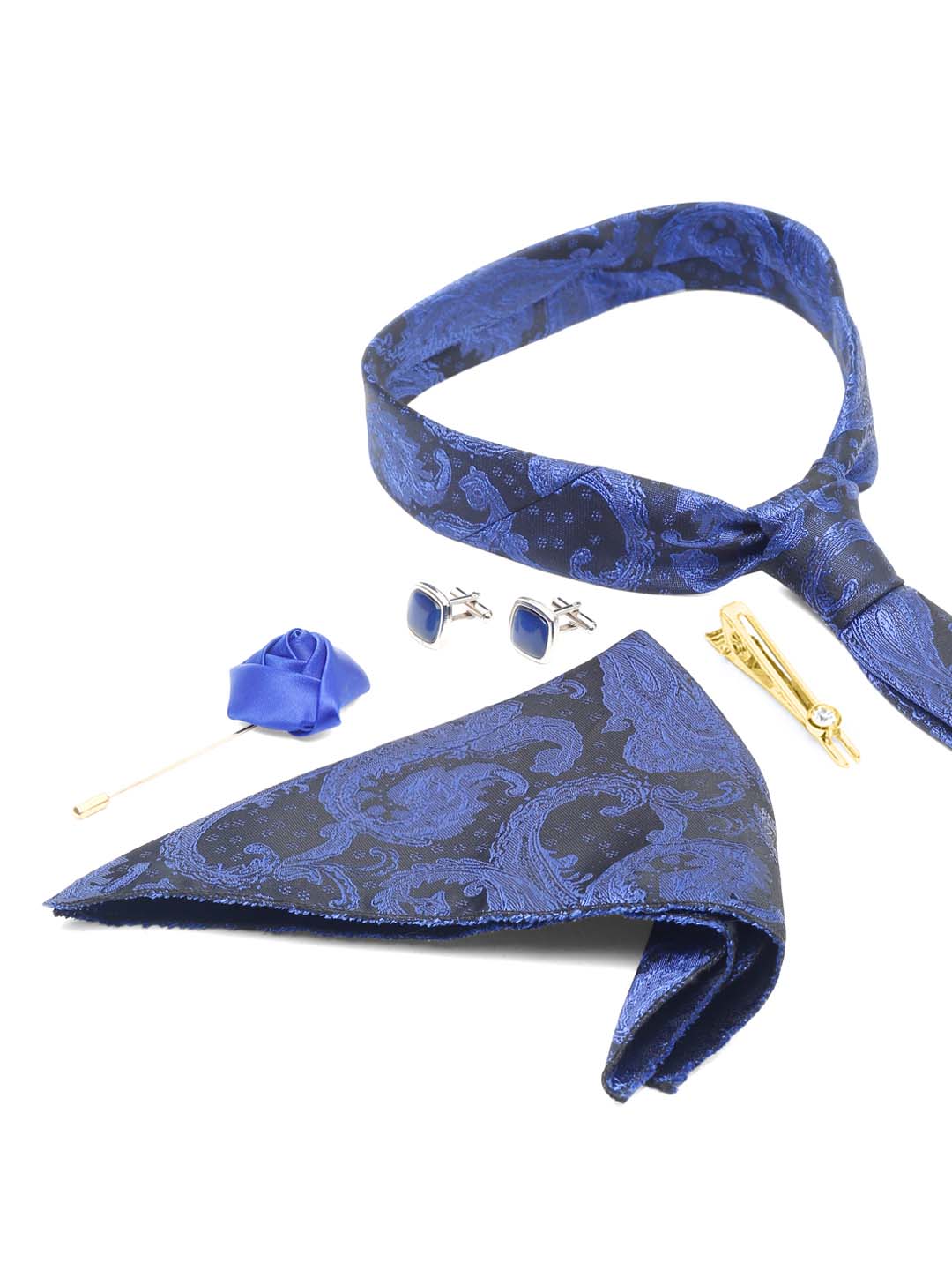 Royal Blue Luxury Italian Silk Necktie Set With Pocket Square Cufflinks Brooch Gold Tie pin