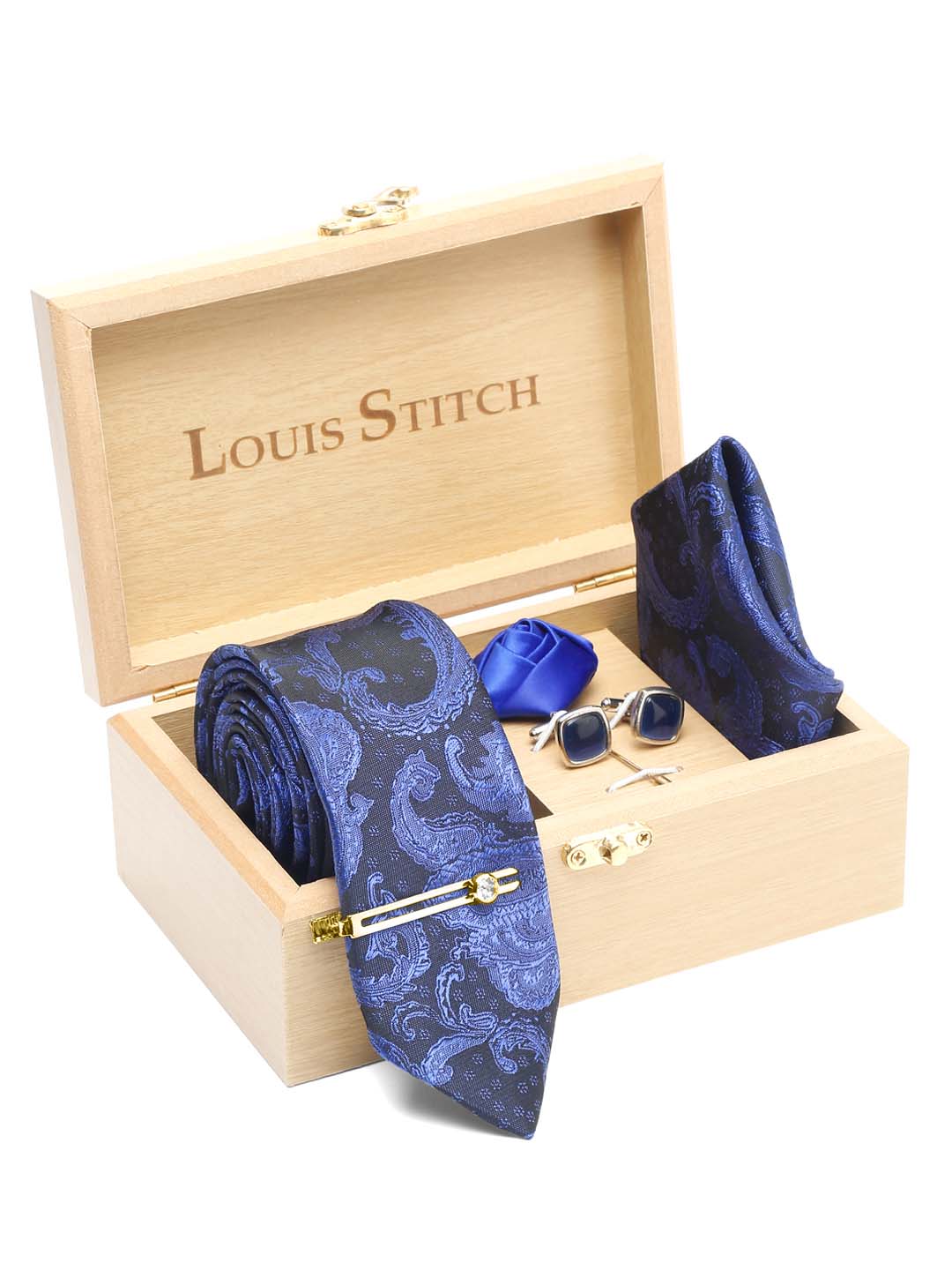 Royal Blue Luxury Italian Silk Necktie Set With Pocket Square Cufflinks Brooch Gold Tie pin