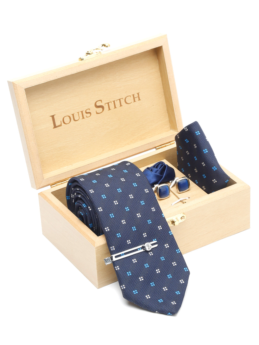 Floaral Printed Blue Luxury Italian Silk Necktie Set With Pocket Square Cufflinks Brooch Chrome Tie pin