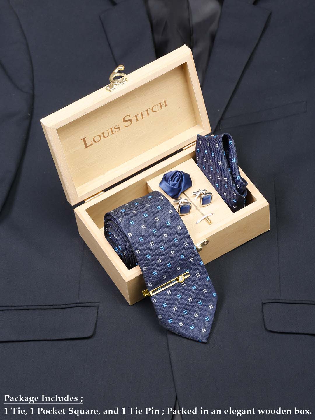  Floaral Printed Blue Luxury Italian Silk Necktie Set With Pocket Square Cufflinks Brooch Gold Tie pin