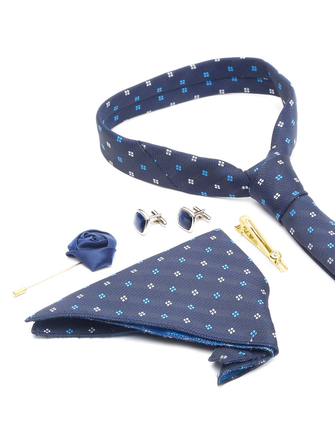 Floaral Printed Blue Luxury Italian Silk Necktie Set With Pocket Square Cufflinks Brooch Gold Tie pin